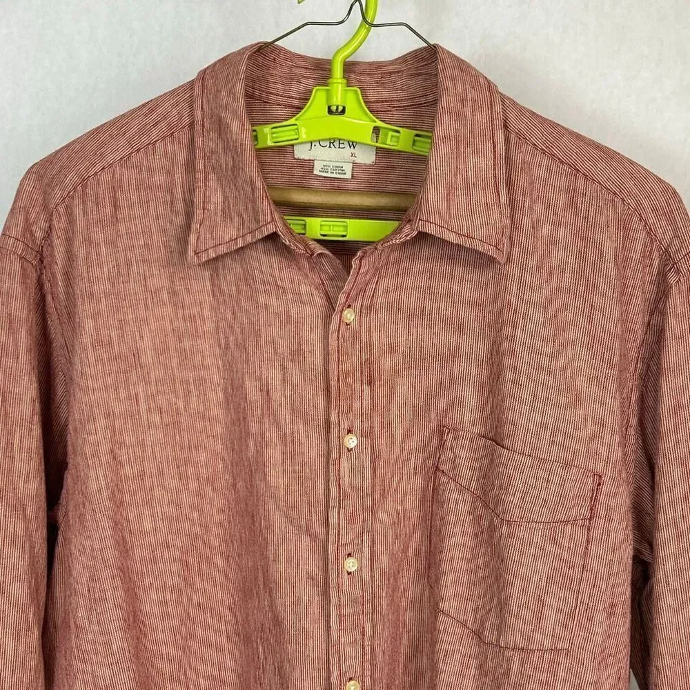 J. Crew Men’s Button Front Shirt Sz XL Linen Cotton Blend Red Stripe Long Sleeve